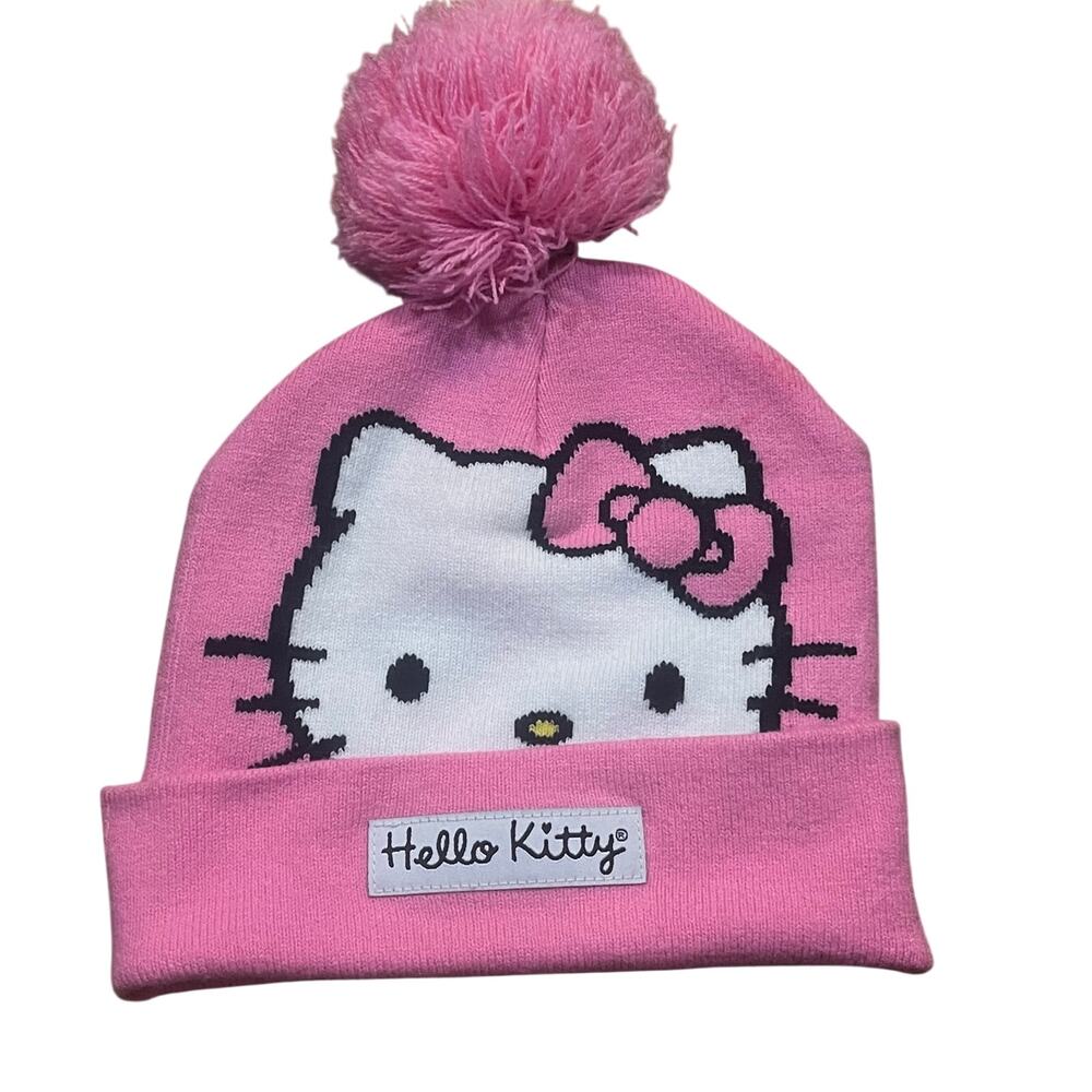Hello Kitty Girls Pink Knit Beanie Pom Pom‎ Hat Sanrio Y2K Cute Kawaii Winter